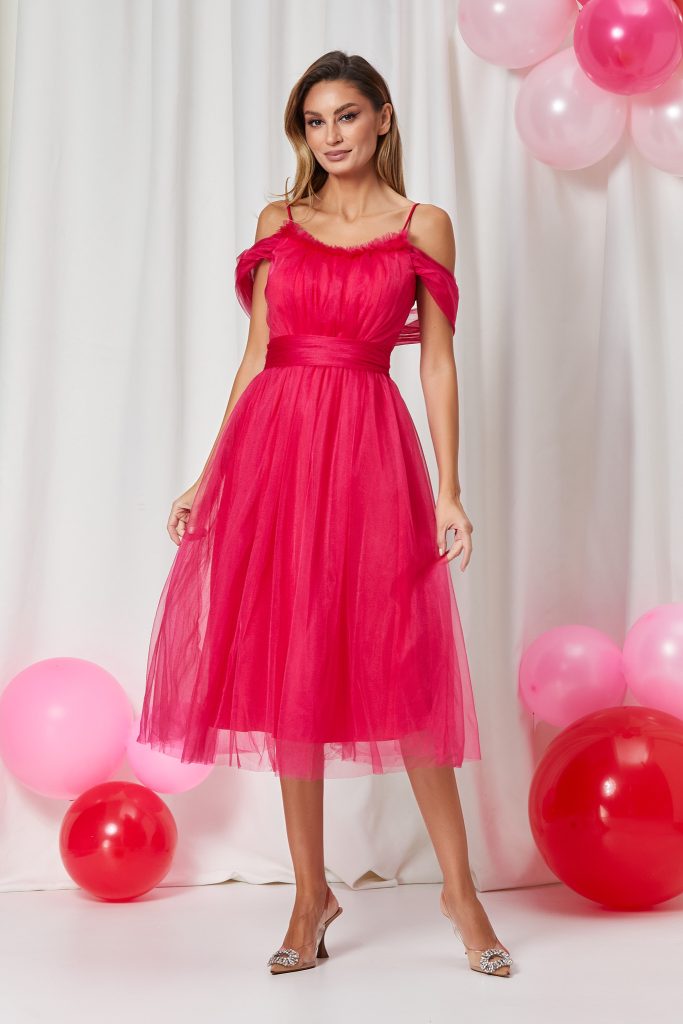rochie midi eleganta fucsia din tull 3 1