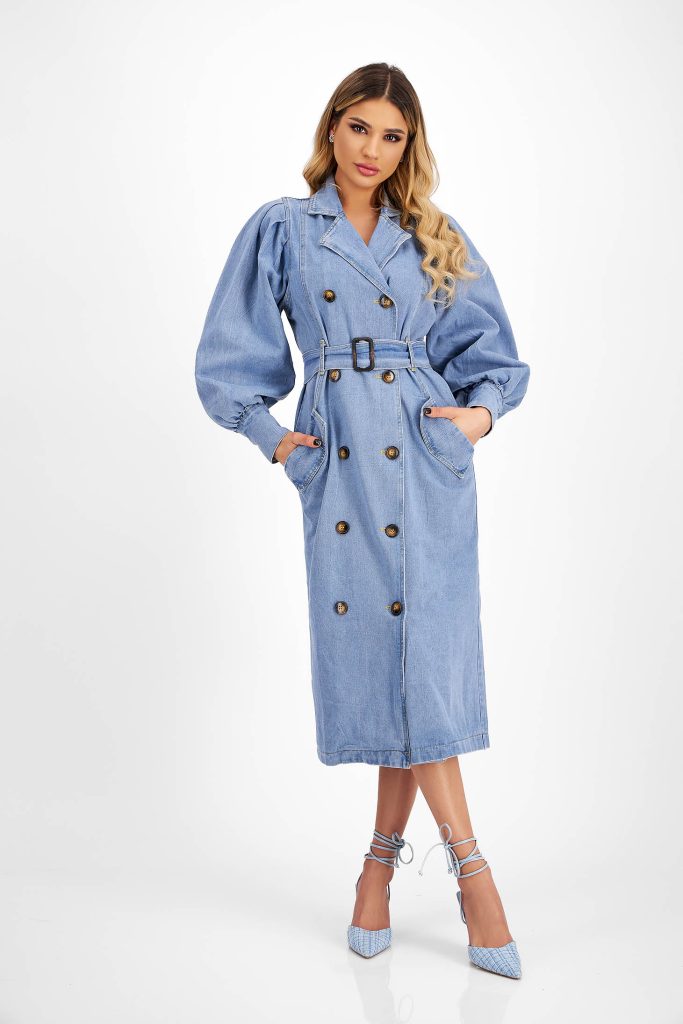 rochie de blugi albastra midi cu un croi drept si maneci bufante cu accesoriu ti S060875 1 698679