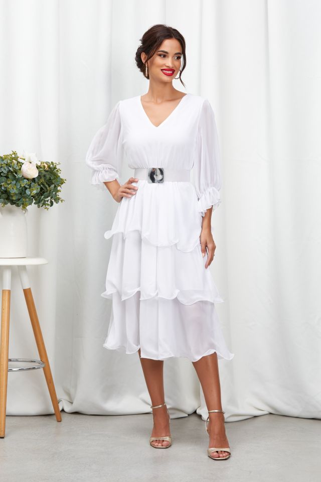 rochie eleganta alba din voal cu volane 3